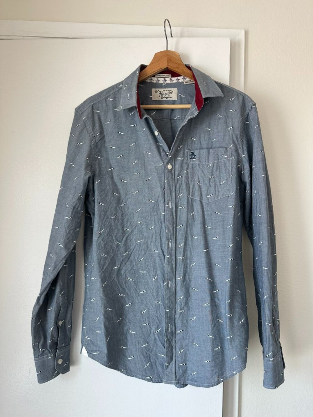 Original Penguin Heritage Slim Fit 3D Glasses Print Shirt Small Gray Cotton